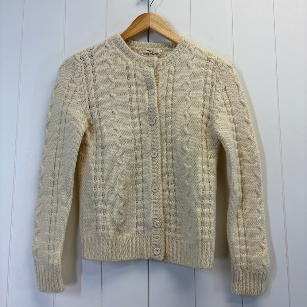 Vintage Macys Young Collector Cottage Wool Cable Knit Cardigan Women Size S Cozy
